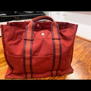 Authentic Hermès tote handbag red canvas Fourre